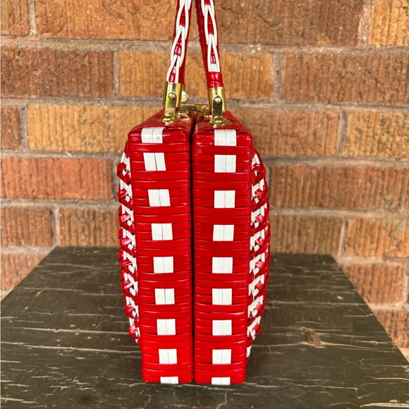 1950s 1960s White Coated Wicker Top Handle Handbag, Vintage 50s 60s Wicker Purse - Picture 5 of 8